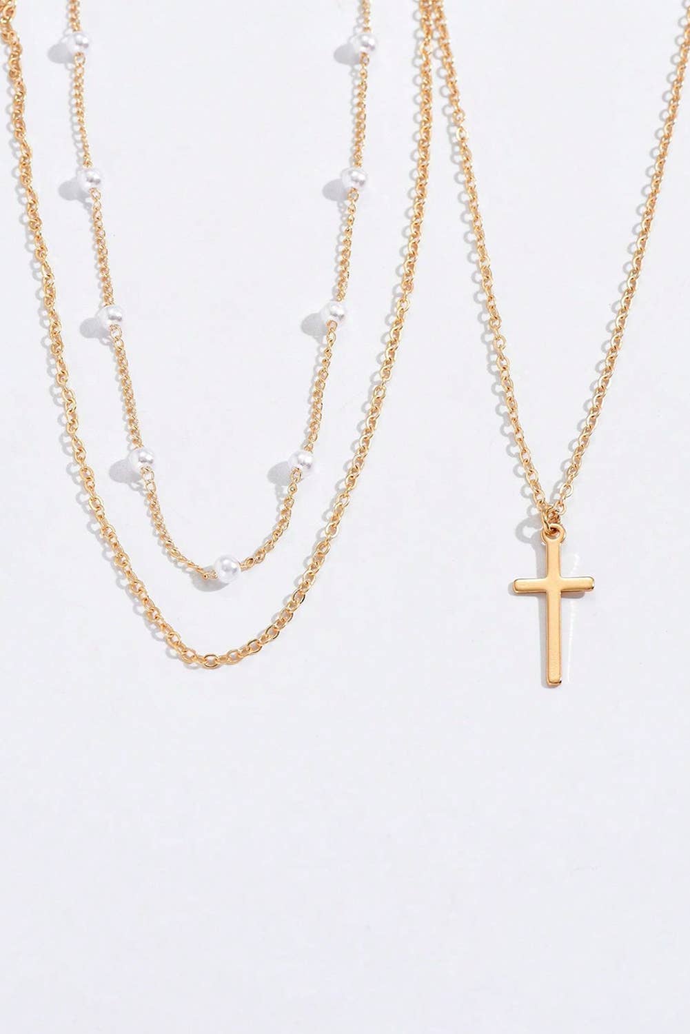 Plated Cross Pendant Pearl Triple Layer Chain Necklace