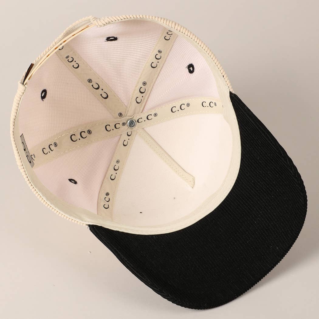 Put It On My Cowboy's Tab Two-Tone Corduroy Cap: Black/ Beige ONE SIZE