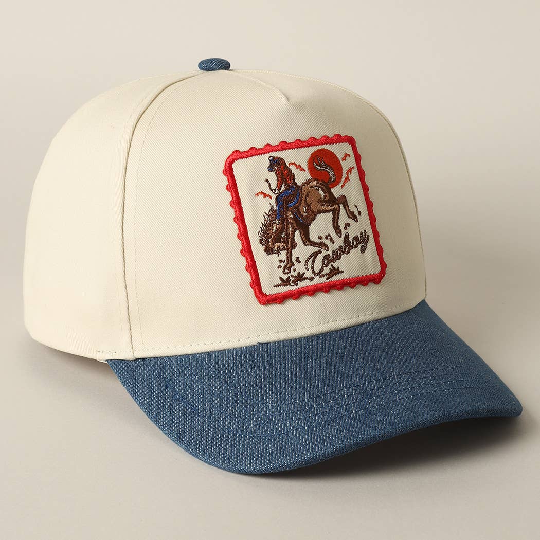 Detailed Cowboy Horse Embroidery Patch Denim Cap: LIGHT DENIM / ONE SIZE