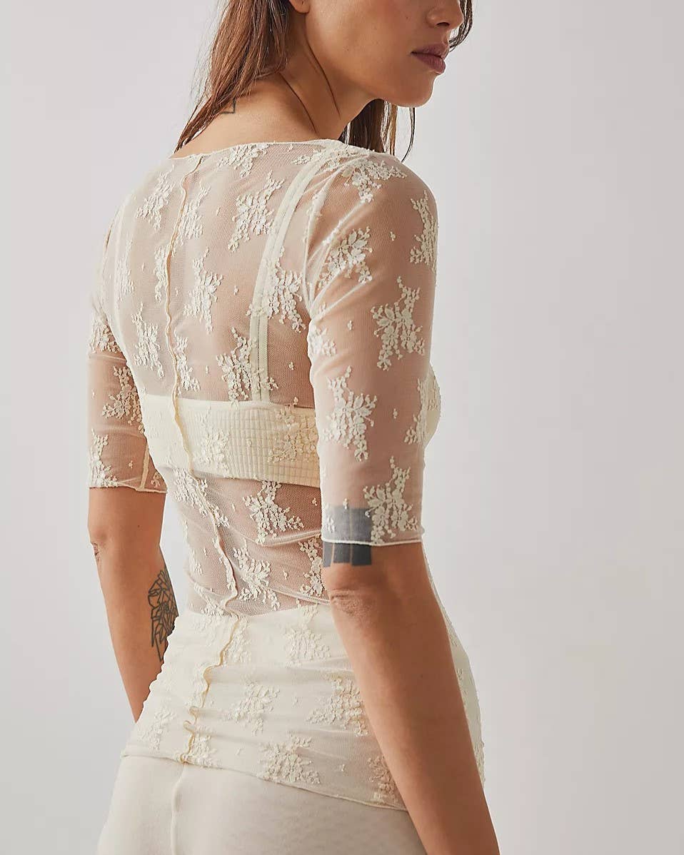 Floral Lace Short Sleeve Sheer Mesh Top (Two Colors)