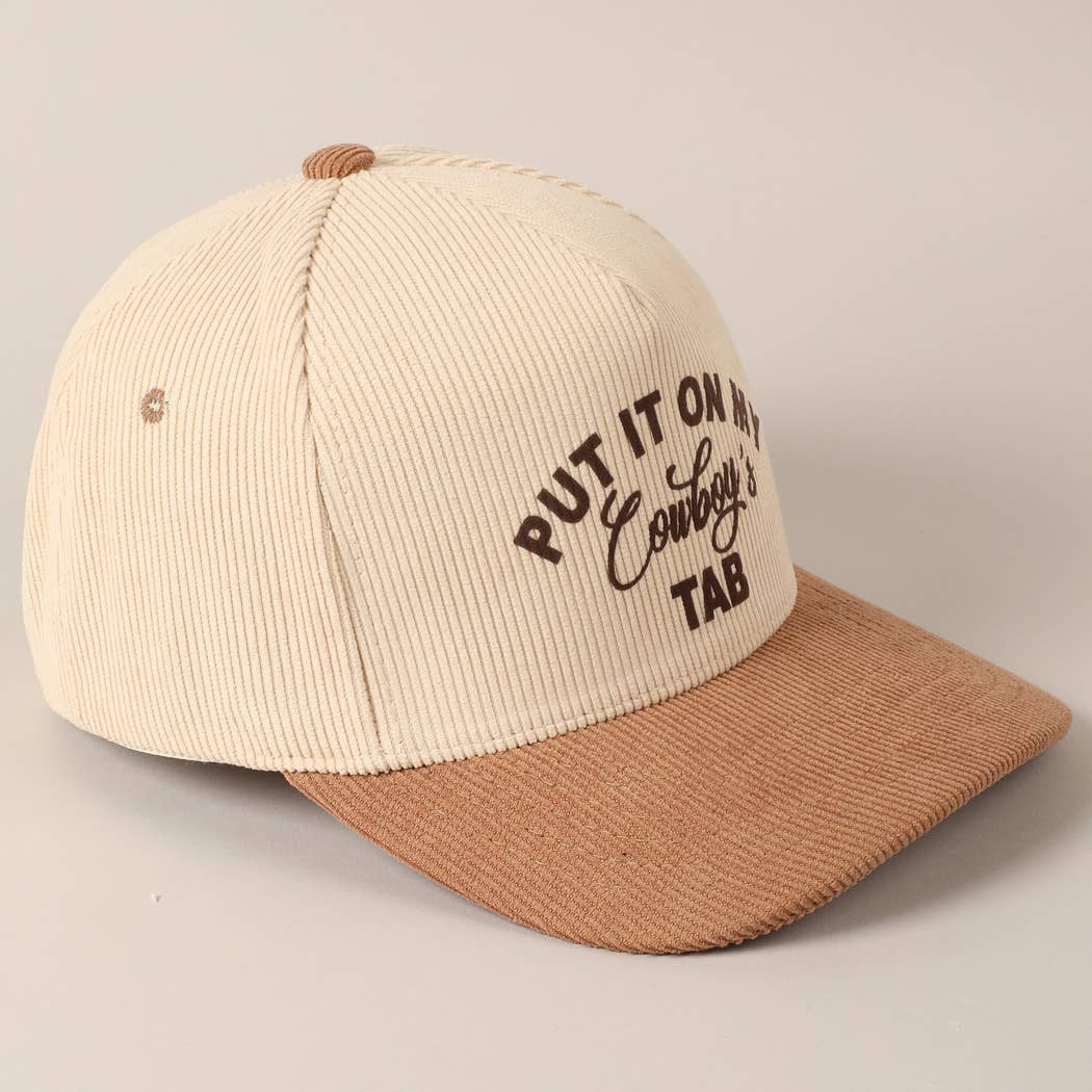Put It On My Cowboy's Tab Two-Tone Corduroy Cap: Black/ Beige ONE SIZE