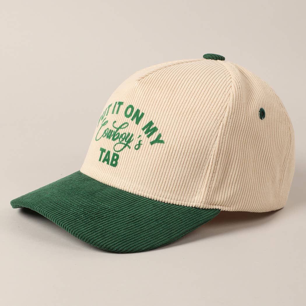 Put It On My Cowboy's Tab Two-Tone Corduroy Cap: Black/ Beige ONE SIZE