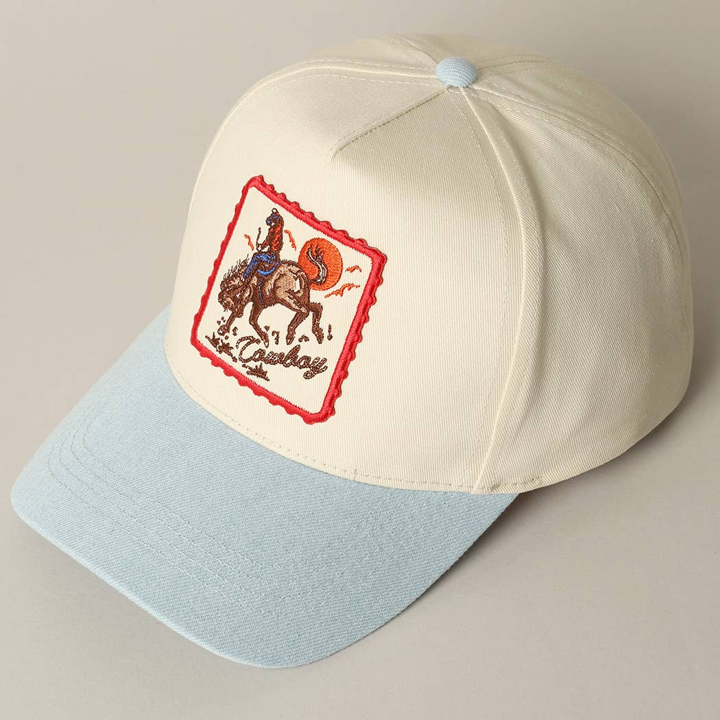 Detailed Cowboy Horse Embroidery Patch Denim Cap: LIGHT DENIM / ONE SIZE