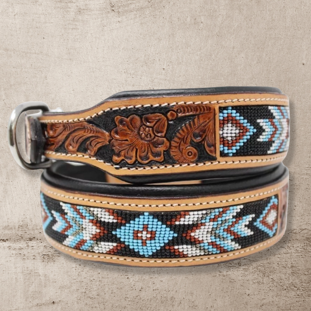 Western Aztec Turquoise Leather Beaded Dog Collar
