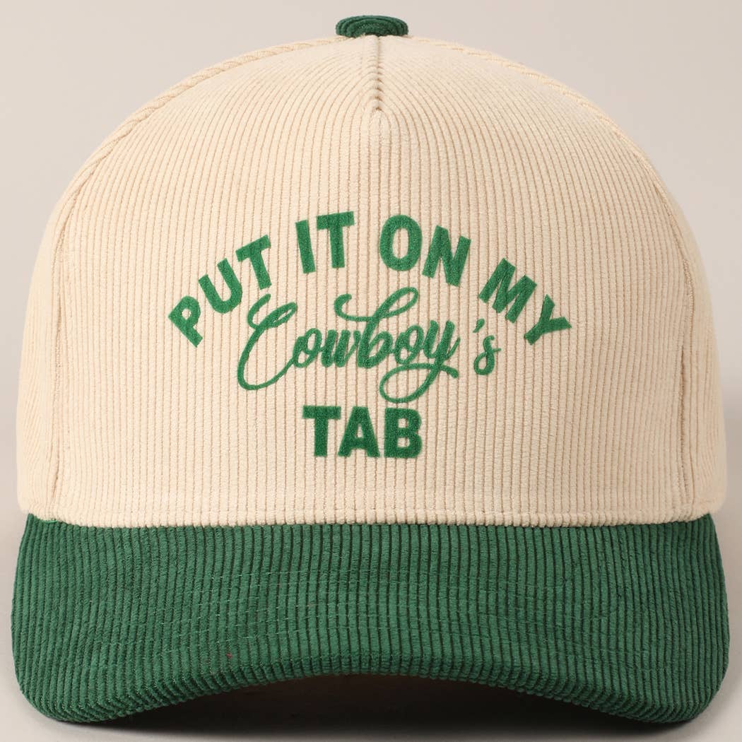 Put It On My Cowboy's Tab Two-Tone Corduroy Cap: Black/ Beige ONE SIZE