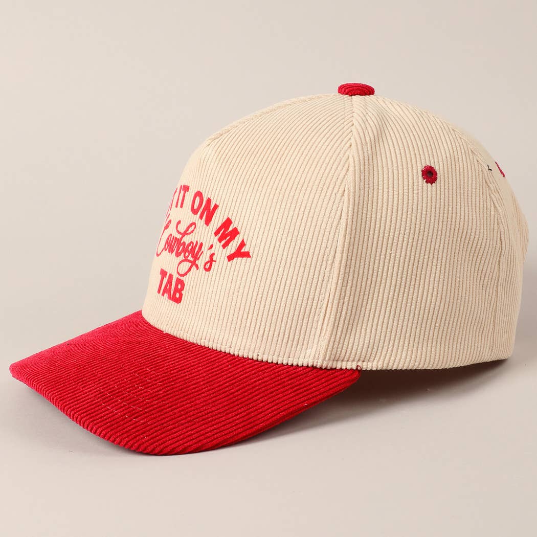 Put It On My Cowboy's Tab Two-Tone Corduroy Cap: Black/ Beige ONE SIZE