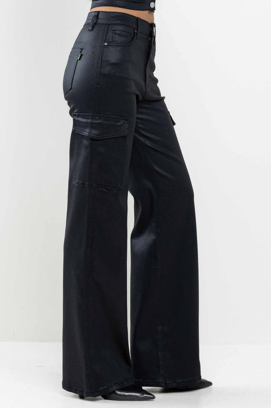 Coated High Rise Wide Leg Cargo Pants