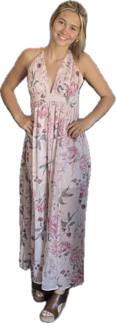 Floral Pleated Bust Deep V Empire Waist Backless Dress