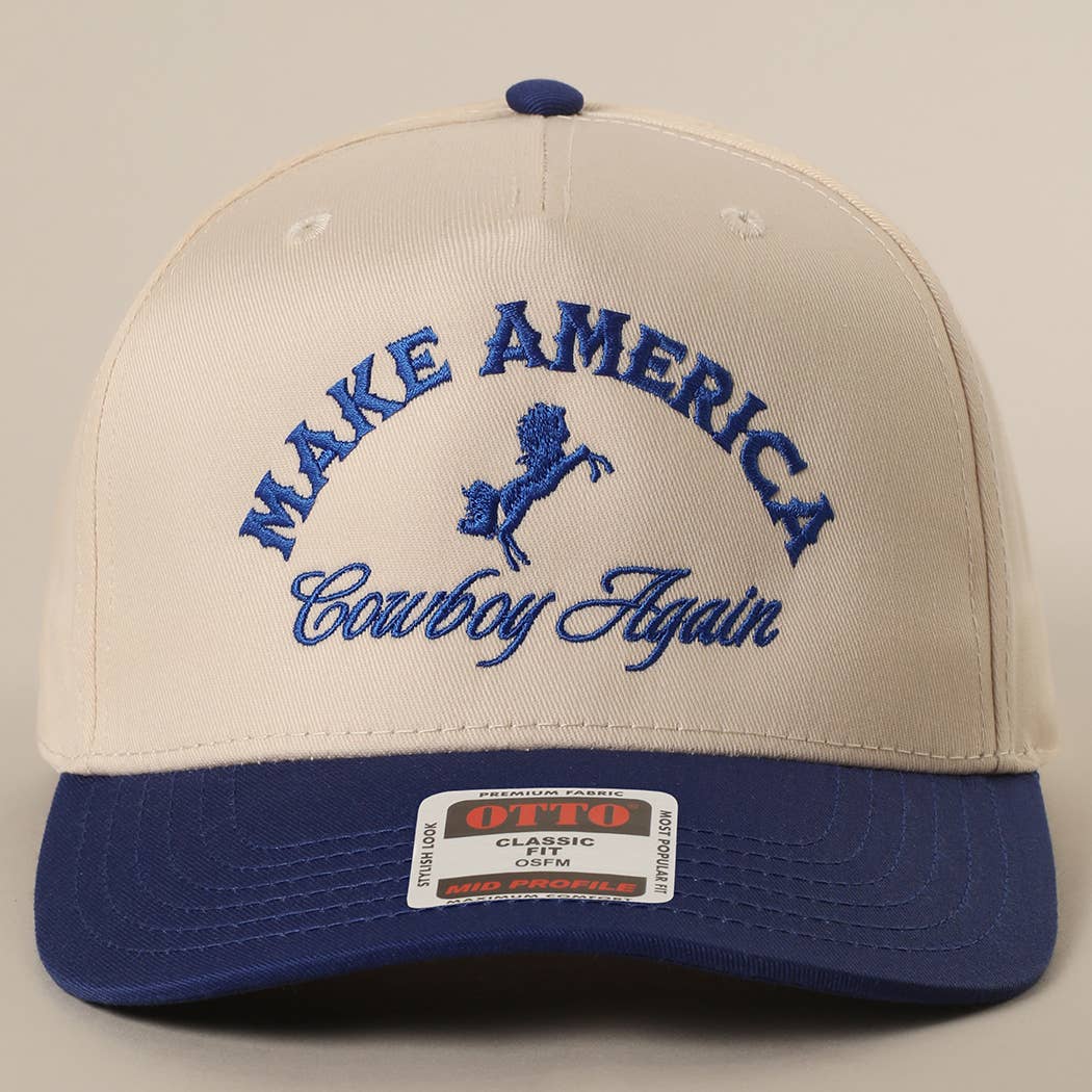 MAKE AMERICA COWBOY AGAIN Embroidered Trucker Hat: KHA/DKGRN / One Size