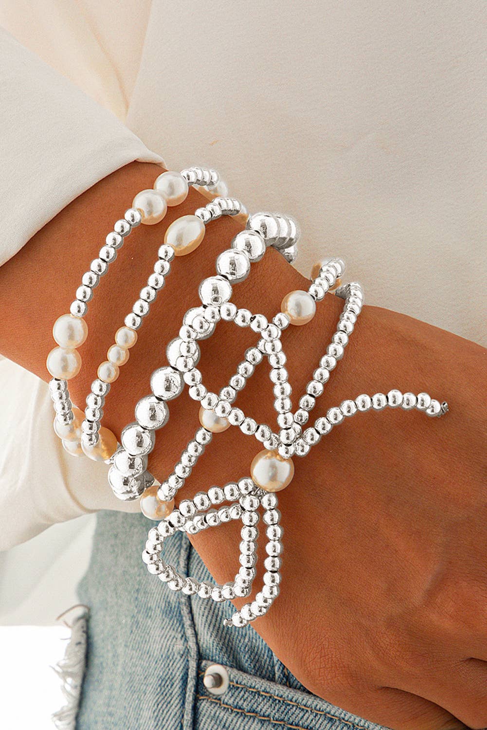Silver Bow Knot Pearl Beaded Bracelet Set