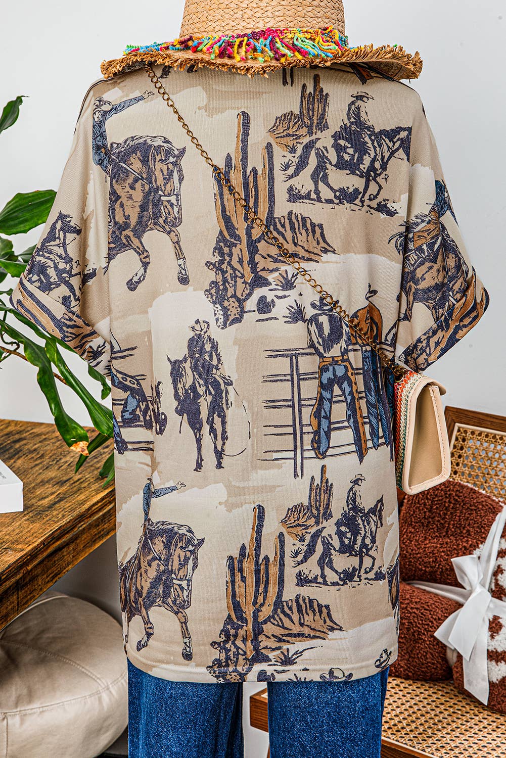 Western Cowboy Print Cuffed Sleeve T Shirt