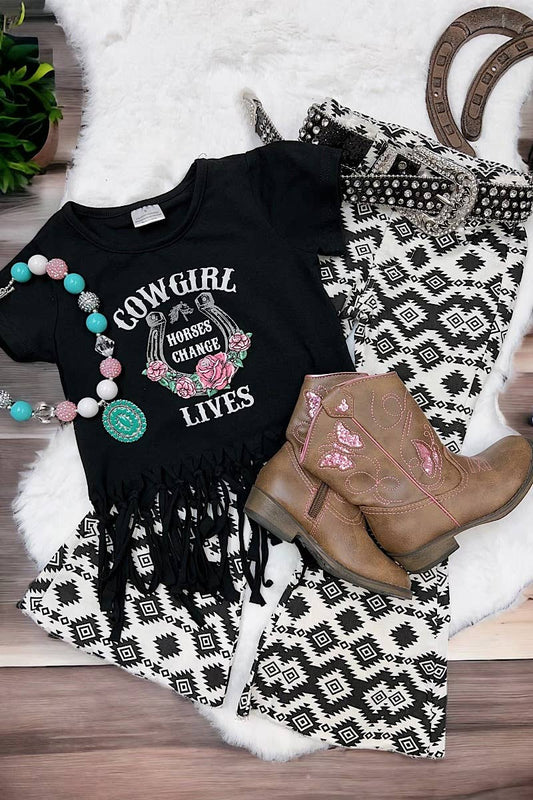 BLACK & WHITE AZTEC PRINTED BOOTCUT PANTS