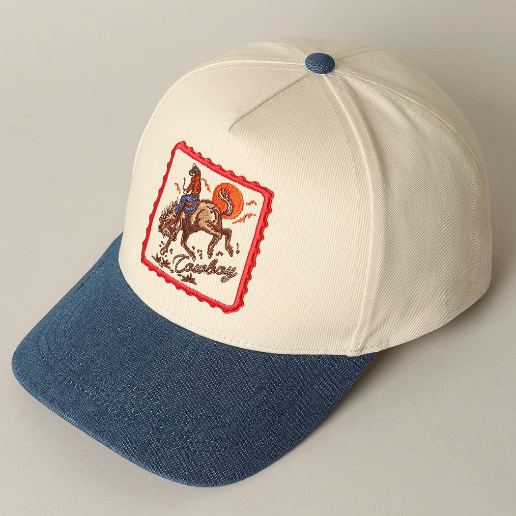 Detailed Cowboy Horse Embroidery Patch Denim Cap: LIGHT DENIM / ONE SIZE