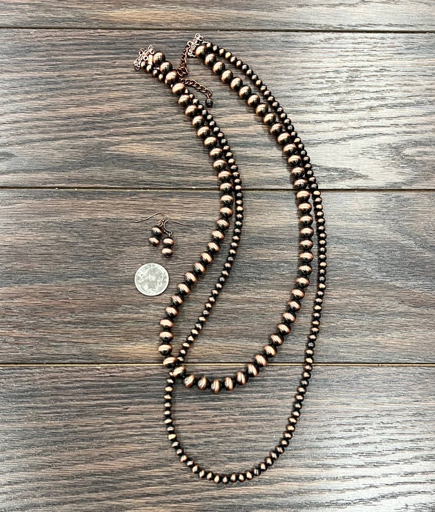 736391, Handmade Copper Navajo Bead Necklace Earrings Set