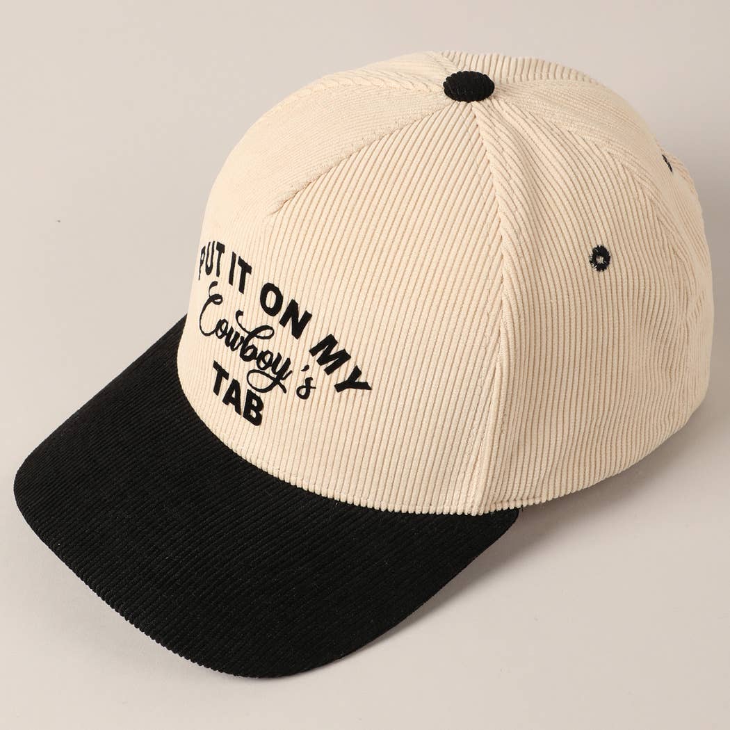 Put It On My Cowboy's Tab Two-Tone Corduroy Cap: Black/ Beige ONE SIZE