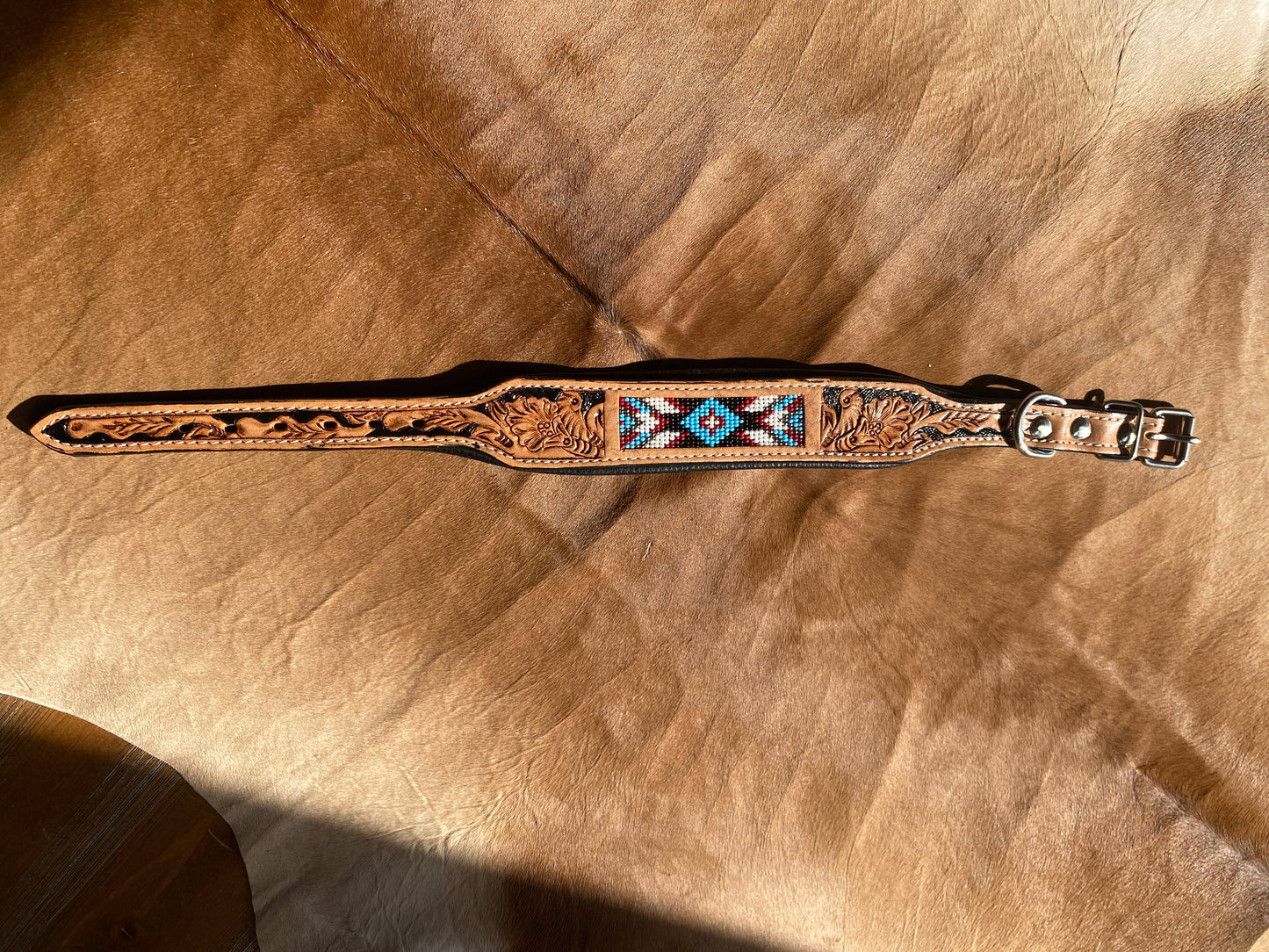 Western Aztec Turquoise Leather Beaded Dog Collar