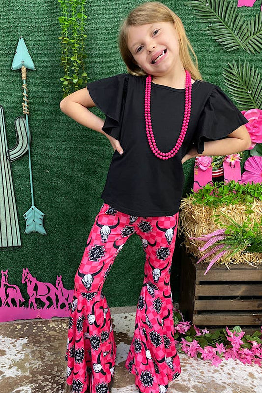 Black bell sleeve top & cow bell bottom Set