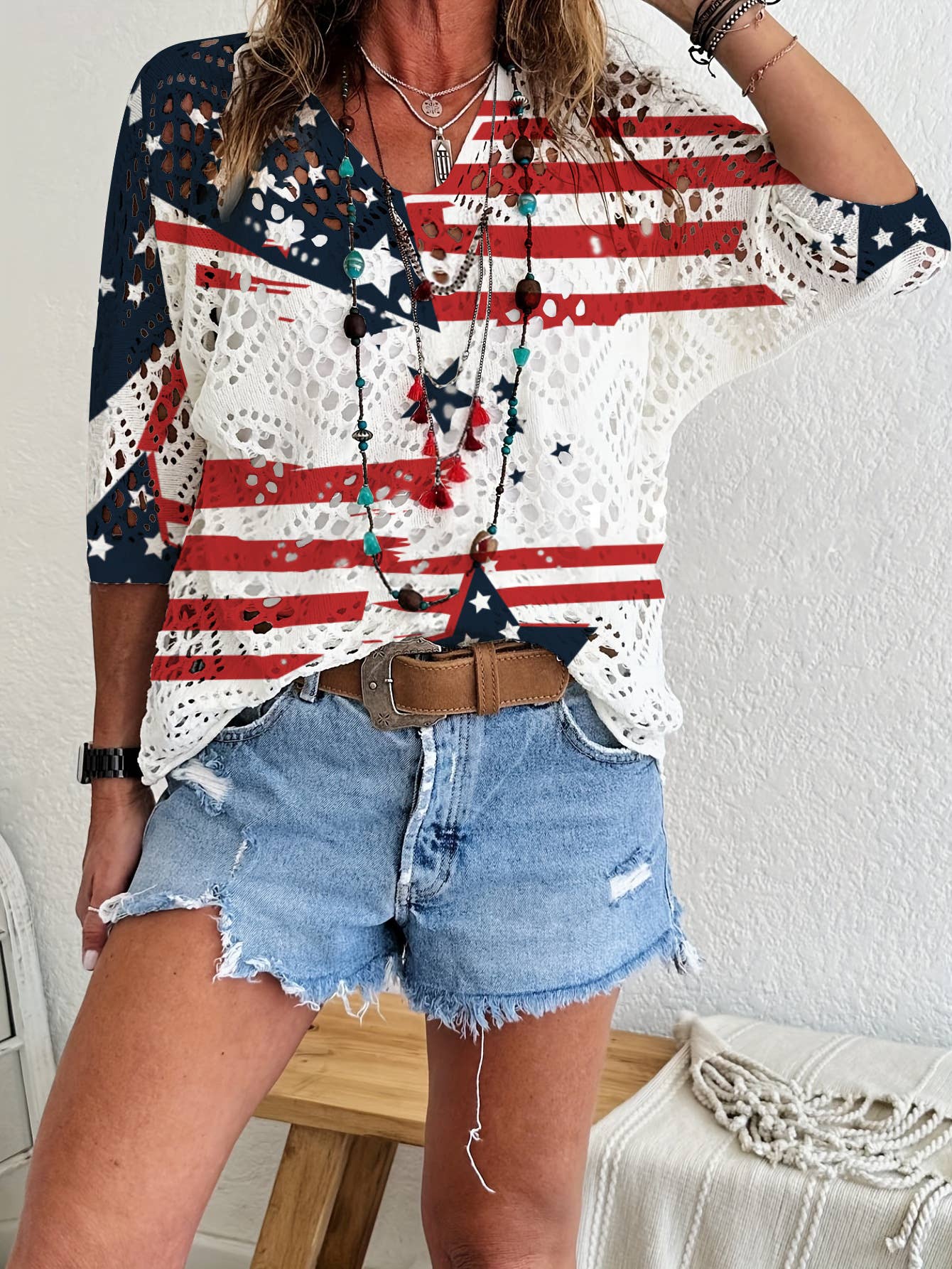 Western Patriotism Hollow Knit Top