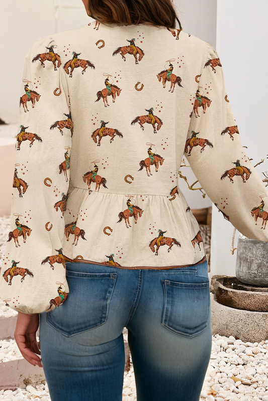 Western Print Tied Front Puff Sleeve Top
