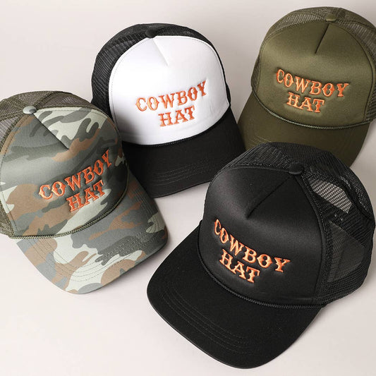 Cowboy Hat Embroidered Mesh Back Trucker Cap- 2 colors