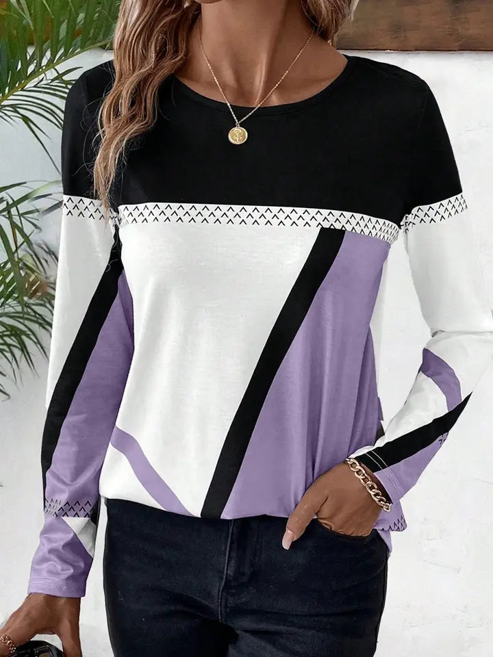 Black, White, Purple Geometric Top