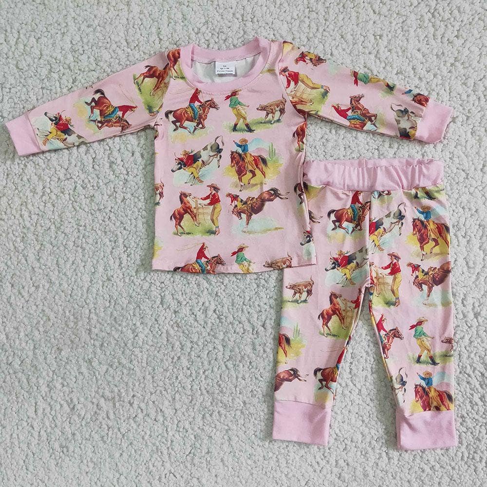 Girls Western Pink Horse Pajamas Set