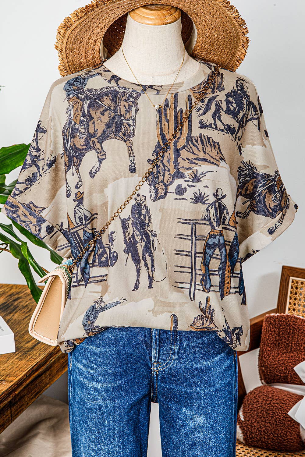 Western Cowboy Print Cuffed Sleeve T Shirt