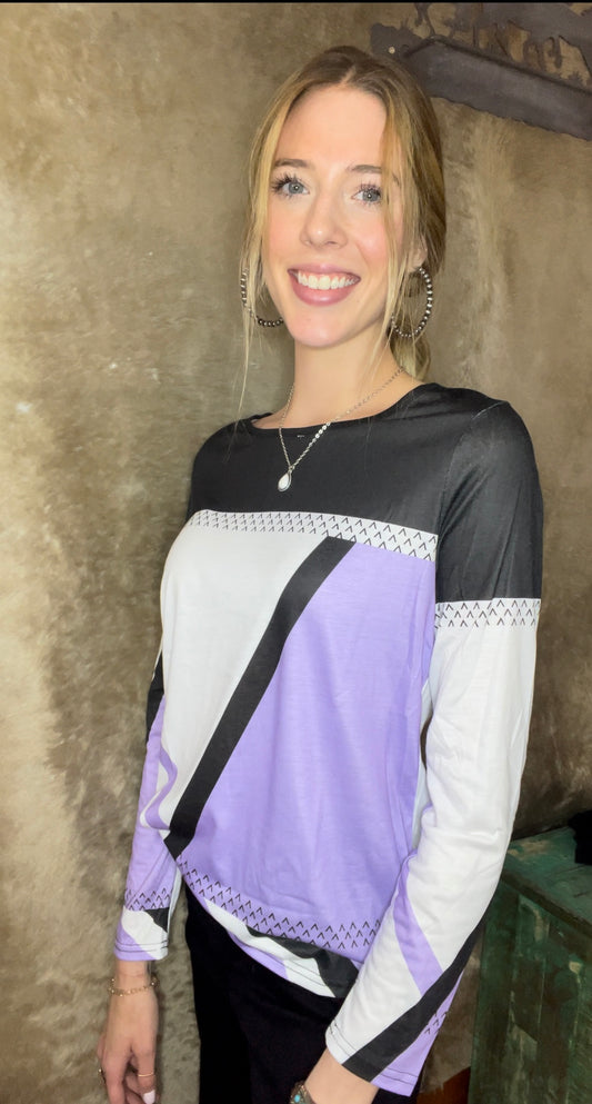 Black, White, Purple Geometric Top