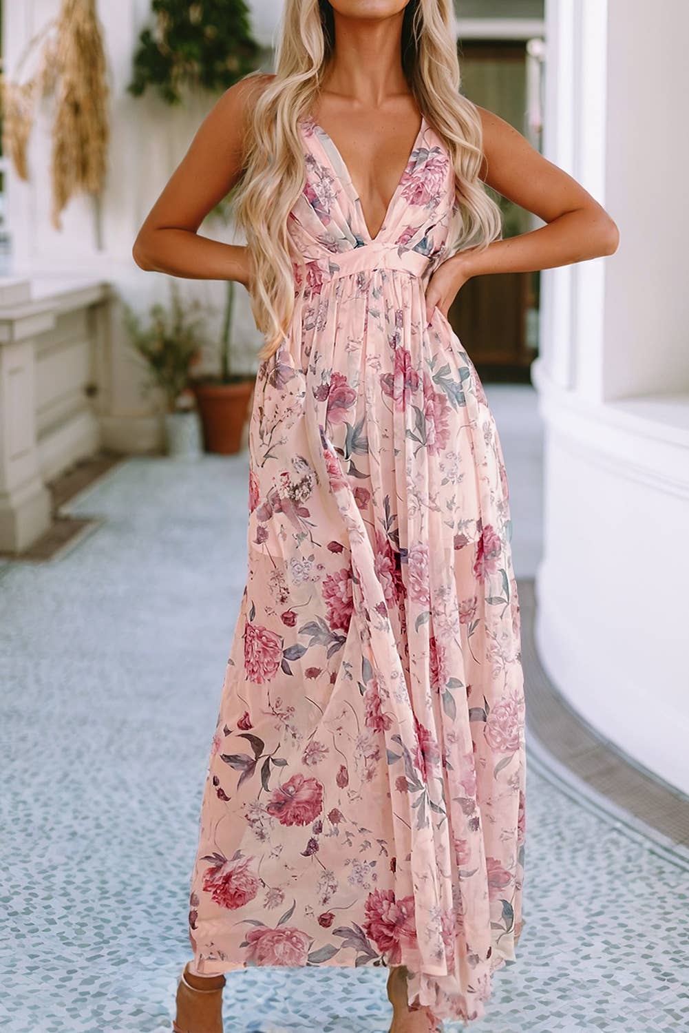Floral Pleated Bust Deep V Empire Waist Backless Dress