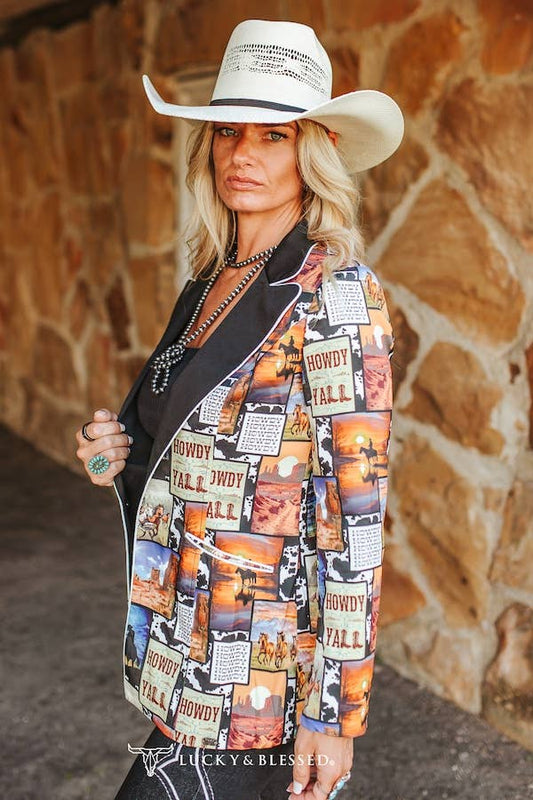 Western Collage Ivory Piping Button Blazer