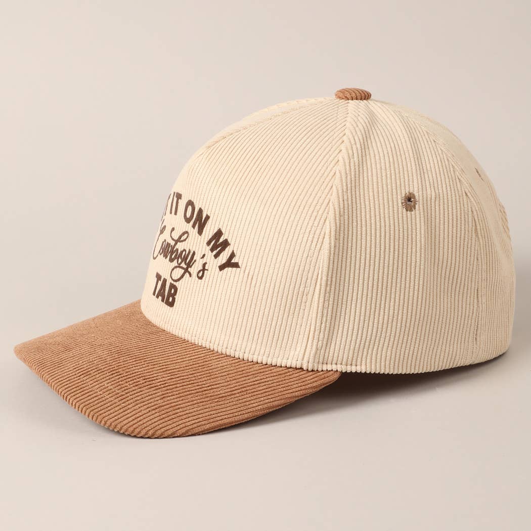 Put It On My Cowboy's Tab Two-Tone Corduroy Cap: Black/ Beige ONE SIZE