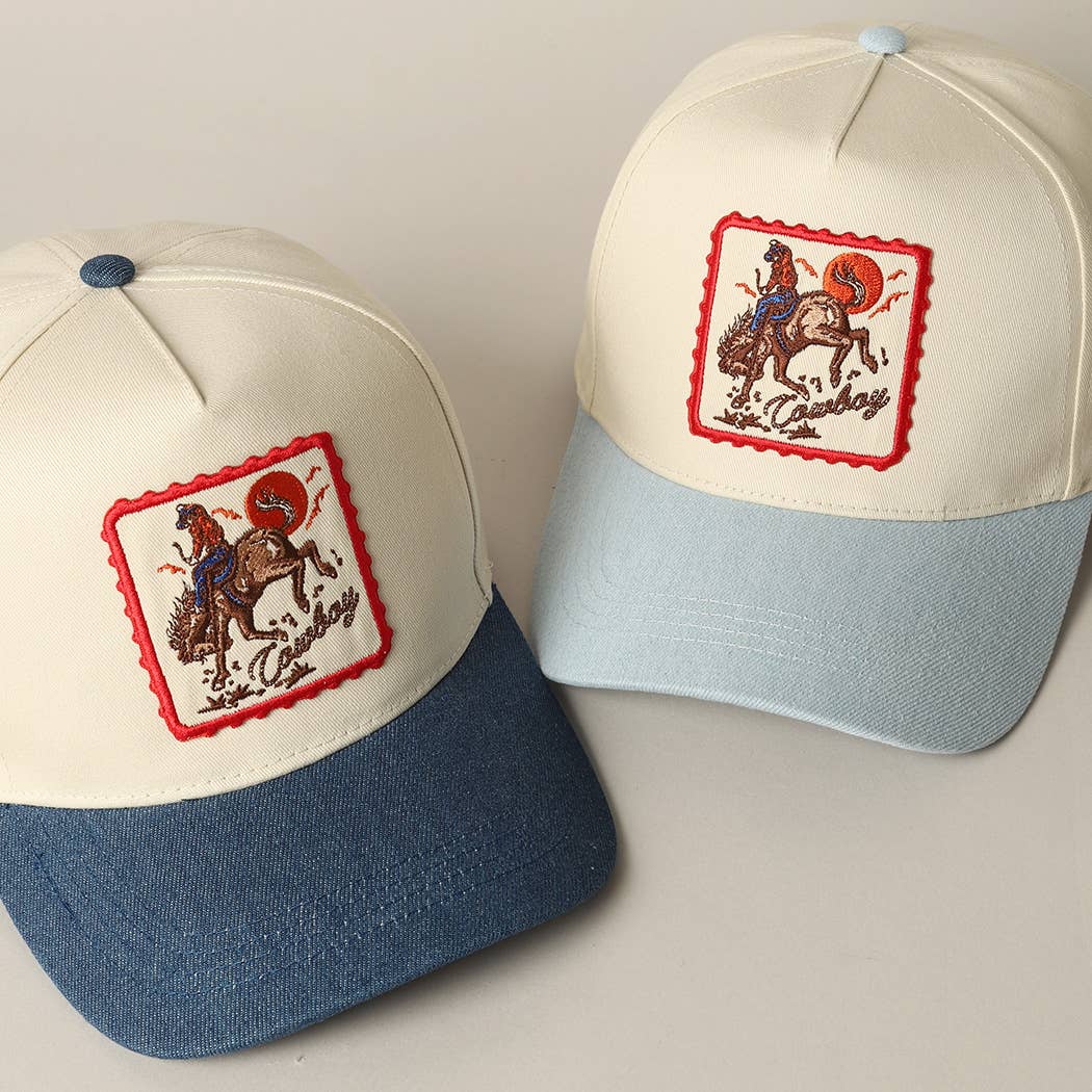 Detailed Cowboy Horse Embroidery Patch Denim Cap: DARK DENIM / ONE SIZE