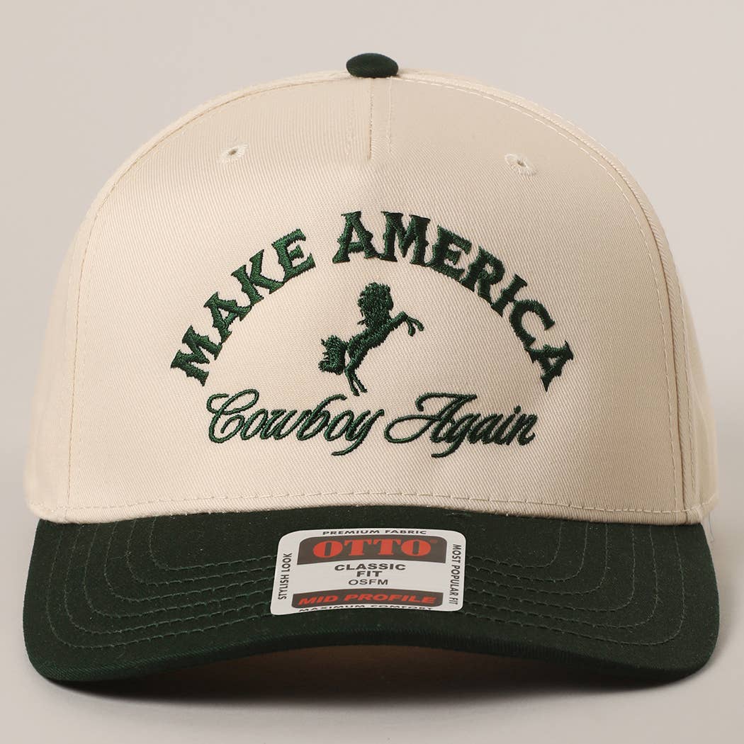 MAKE AMERICA COWBOY AGAIN Embroidered Trucker Hat: KHA/DKGRN / One Size