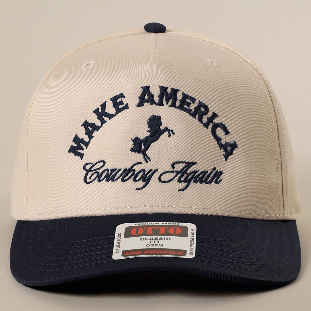 MAKE AMERICA COWBOY AGAIN Embroidered Trucker Hat: KHA/DKGRN / One Size