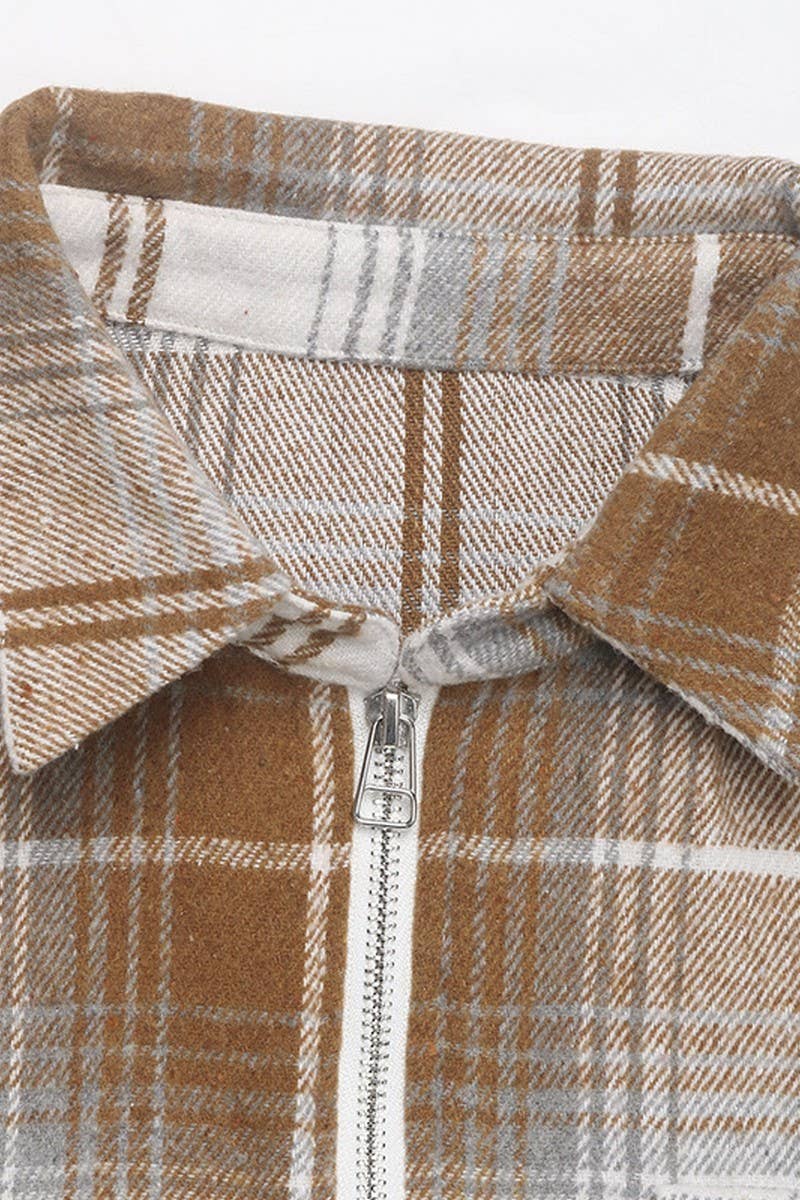 ZIPPER LAPEL PLAID LOOSE SHIRT TOP