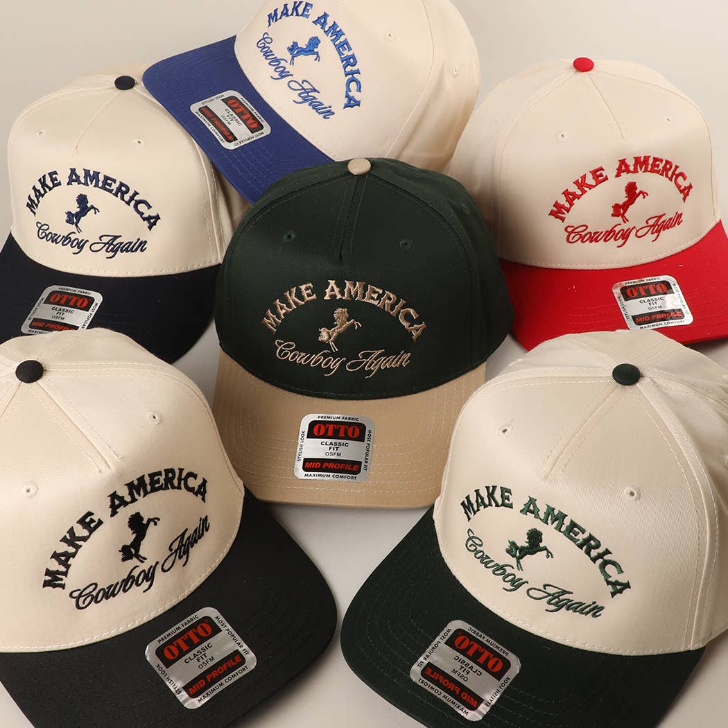 MAKE AMERICA COWBOY AGAIN Embroidered Trucker Hat: KHA/DKGRN / One Size