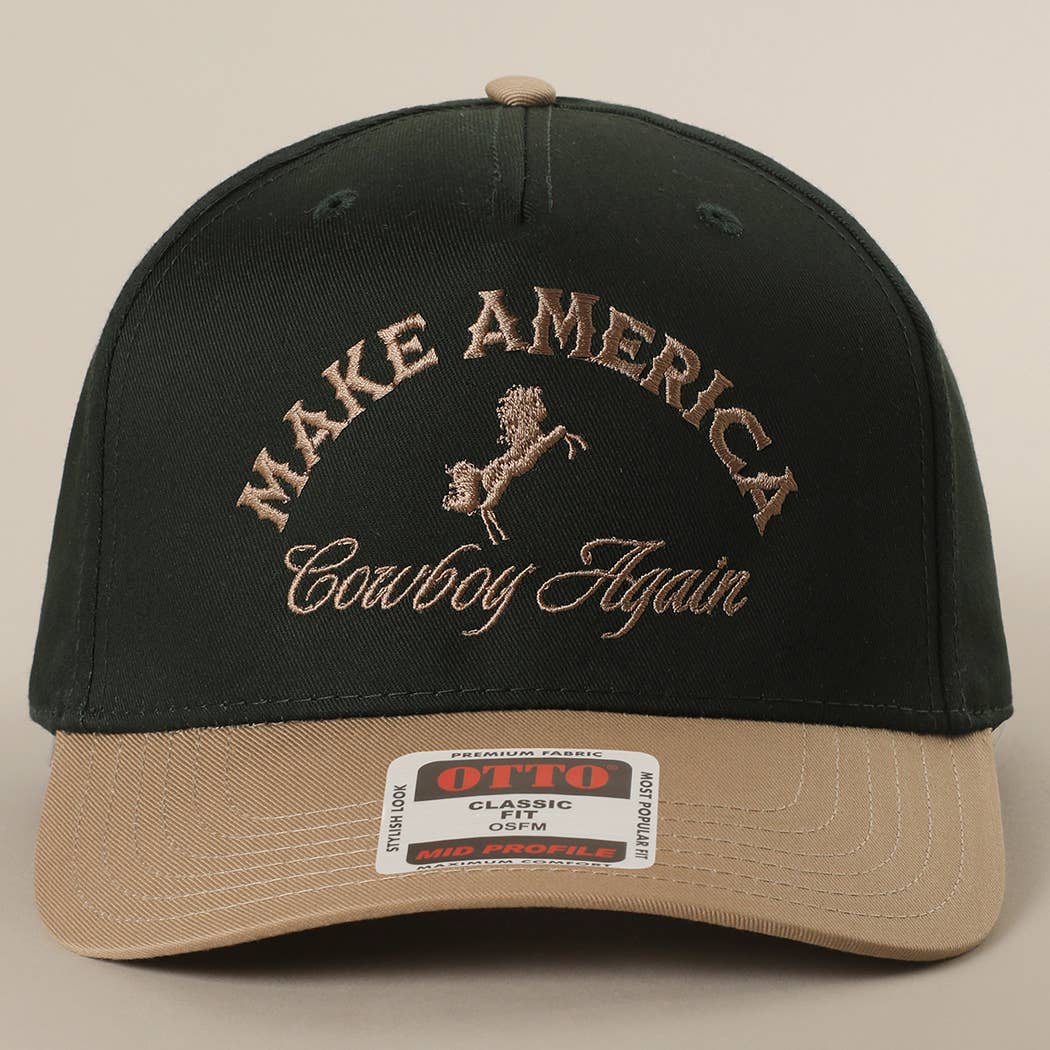 MAKE AMERICA COWBOY AGAIN Embroidered Trucker Hat: KHA/DKGRN / One Size