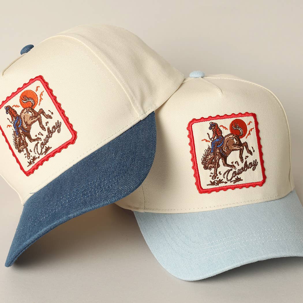 Detailed Cowboy Horse Embroidery Patch Denim Cap: LIGHT DENIM / ONE SIZE