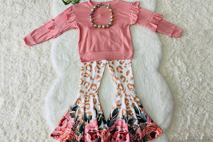 Pink Ruffle Sleeve Top & Floral Bells Set