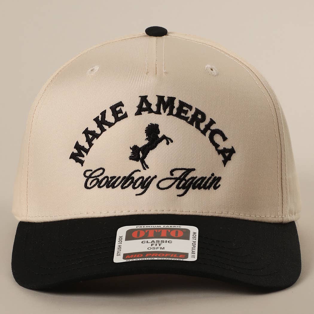 MAKE AMERICA COWBOY AGAIN Embroidered Trucker Hat: KHA/DKGRN / One Size