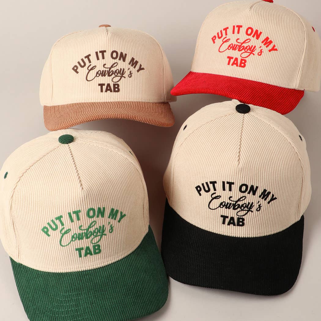 Put It On My Cowboy's Tab Two-Tone Corduroy Cap: Black/ Beige ONE SIZE
