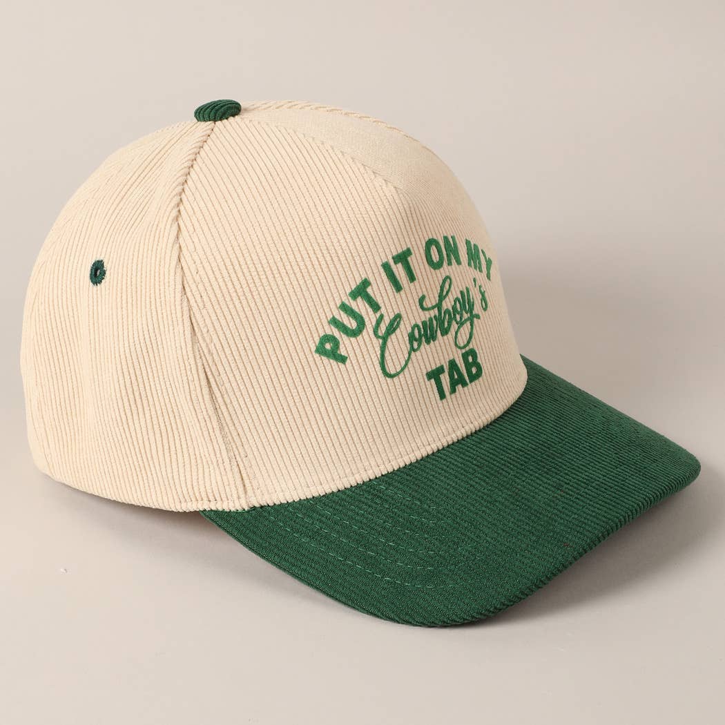 Put It On My Cowboy's Tab Two-Tone Corduroy Cap: Black/ Beige ONE SIZE
