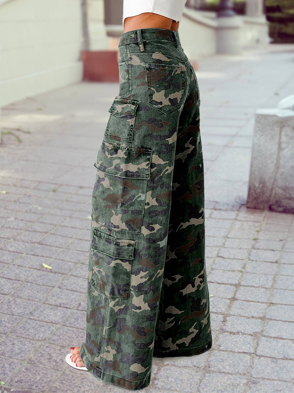 2025 Fall Camo Denim Cargo Wide Leg Pants: Green / 4
