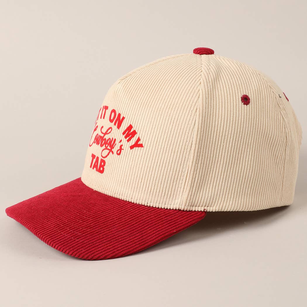 Put It On My Cowboy's Tab Two-Tone Corduroy Cap: Black/ Beige ONE SIZE