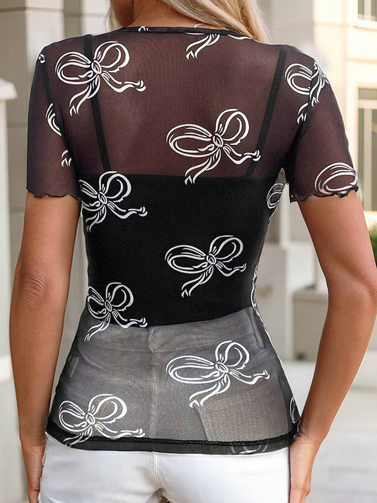 Bow Printed Short Sleeve Mesh Top