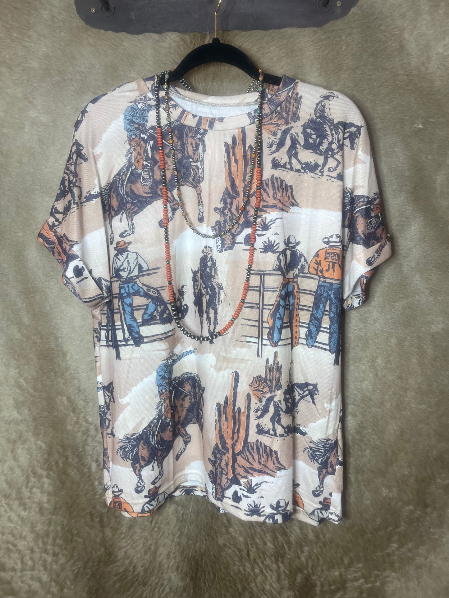 Western Cowboy Print Cuffed Sleeve T Shirt