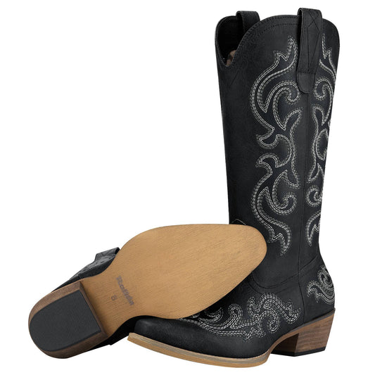 Women's Cowgirl Embroidered Boots: Black