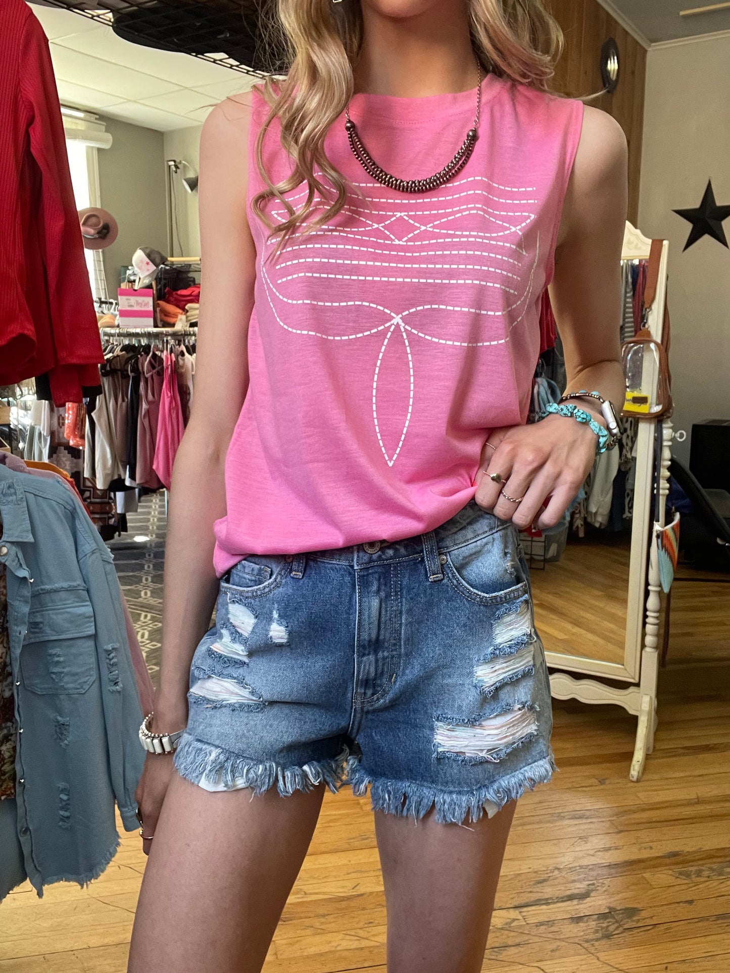 Hot Pink Sleeveless Boot Stitch Top
