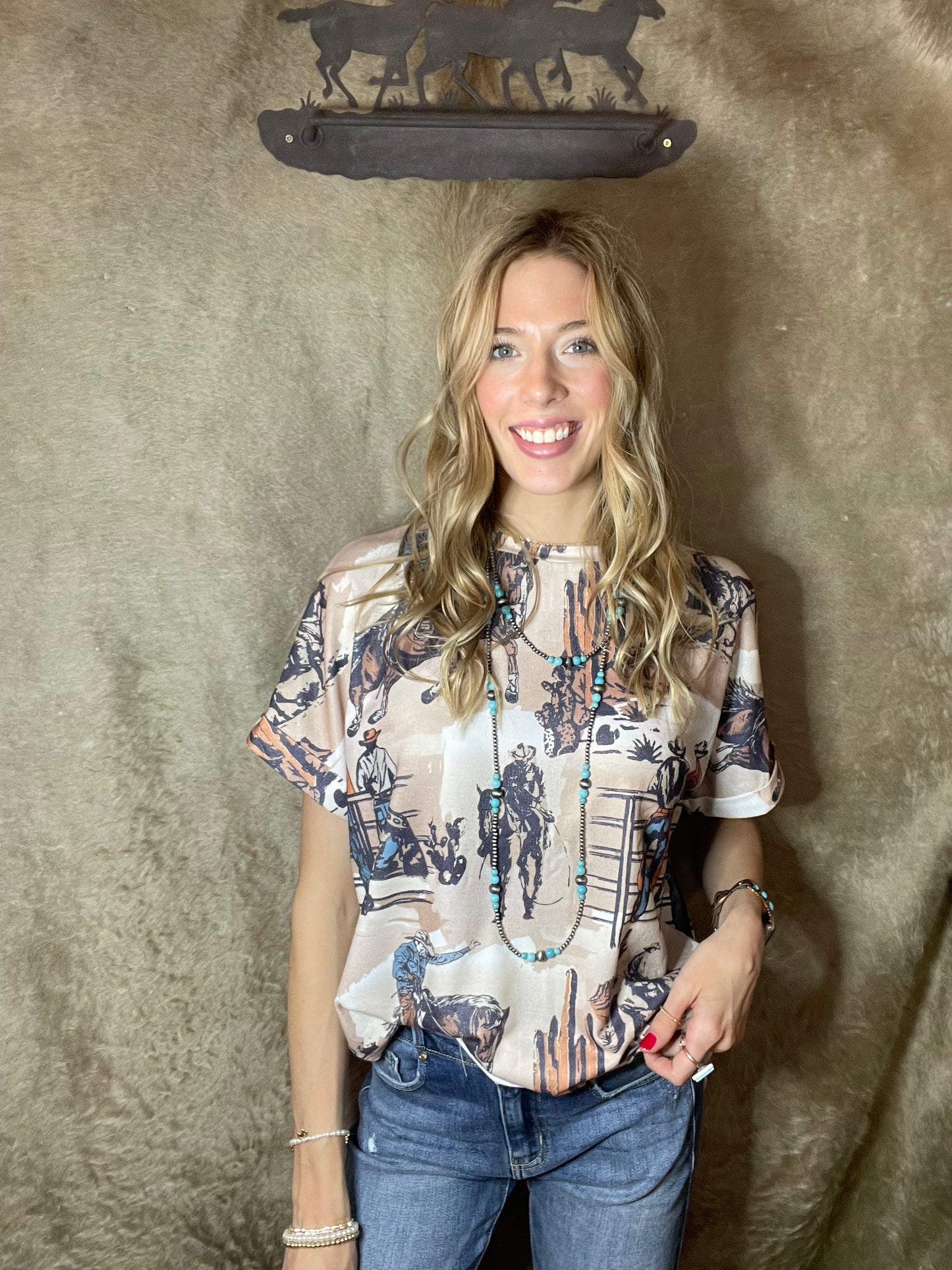 Western Cowboy Print Cuffed Sleeve T Shirt