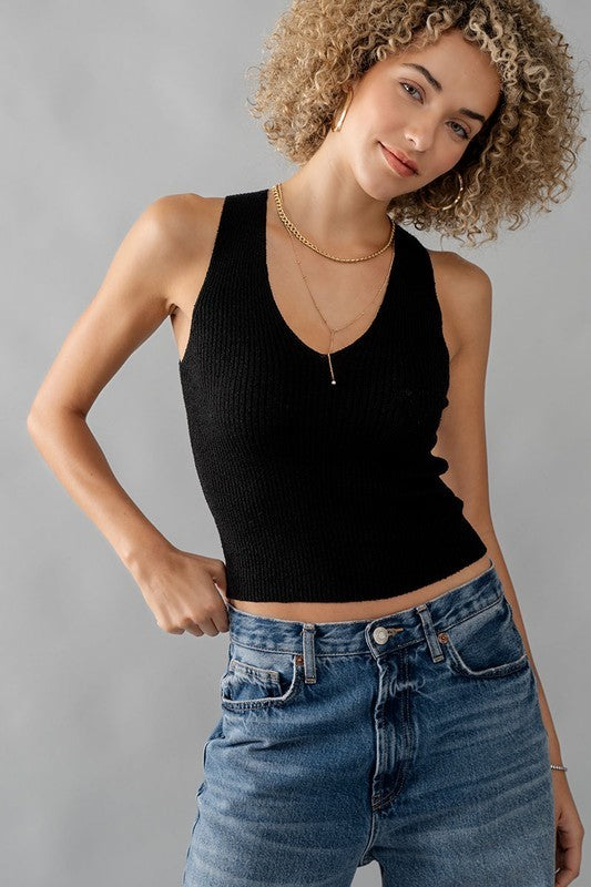 V NECK RACERBACK RIB TANK TOP